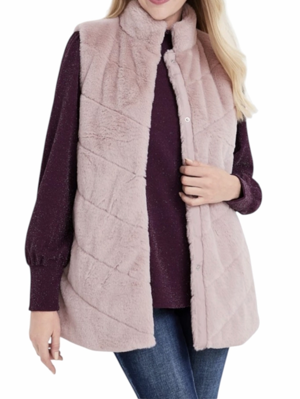 Maurices Plush Quilted Faux Fur Vest in Dusty Pink